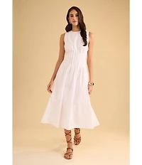 1. STATE Poplin Crew Neckline Sleeveless Pintuck Midi Fit And Flare Midi Dress