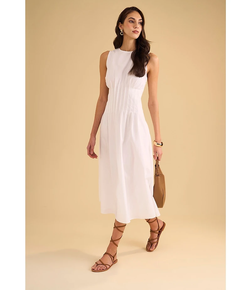 1. STATE Poplin Crew Neckline Sleeveless Pintuck Midi Fit And Flare Midi Dress