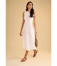 1. STATE Poplin Crew Neckline Sleeveless Pintuck Midi Fit And Flare Midi Dress