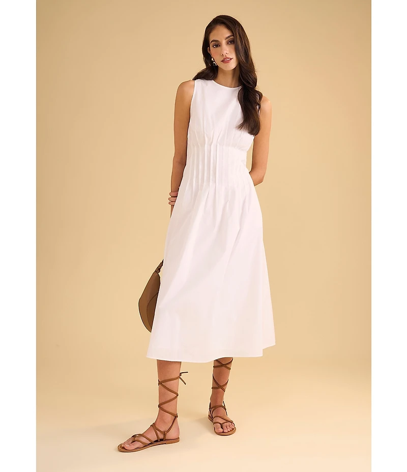 1. STATE Poplin Crew Neckline Sleeveless Pintuck Midi Fit And Flare Midi Dress