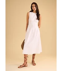 1. STATE Poplin Crew Neckline Sleeveless Pintuck Midi Fit And Flare Midi Dress