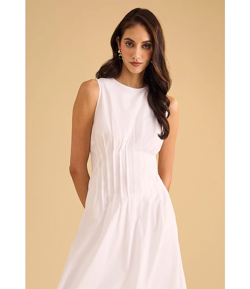 1. STATE Poplin Crew Neckline Sleeveless Pintuck Midi Fit And Flare Midi Dress