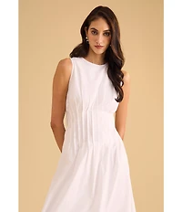 1. STATE Poplin Crew Neckline Sleeveless Pintuck Midi Fit And Flare Midi Dress
