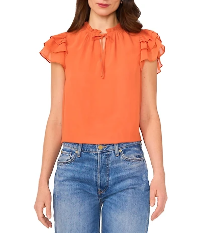 1. STATE Round Tie Neck Ruffle Short Sleeve Blouse
