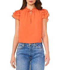 1. STATE Round Tie Neck Ruffle Short Sleeve Blouse