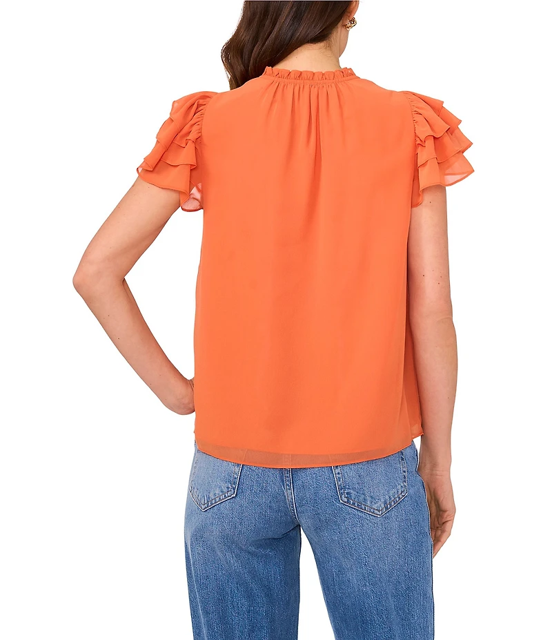 1. STATE Round Tie Neck Ruffle Short Sleeve Blouse