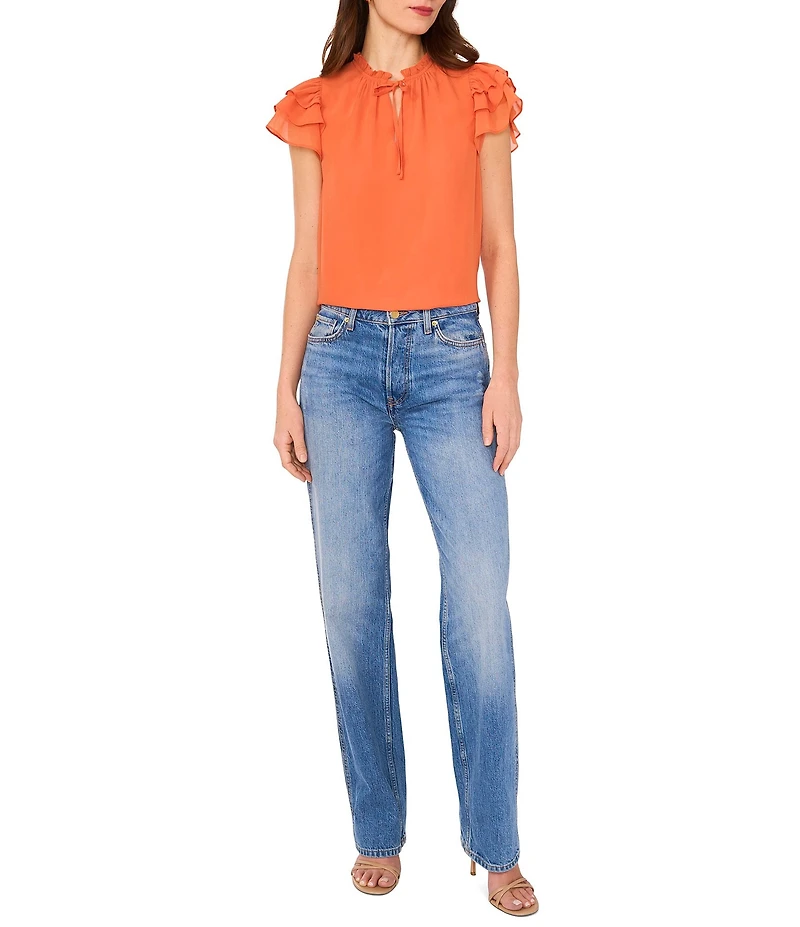 1. STATE Round Tie Neck Ruffle Short Sleeve Blouse