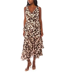 1. STATE Satin V-Neck Sleeveless Floral Print A-Line Maxi Dress