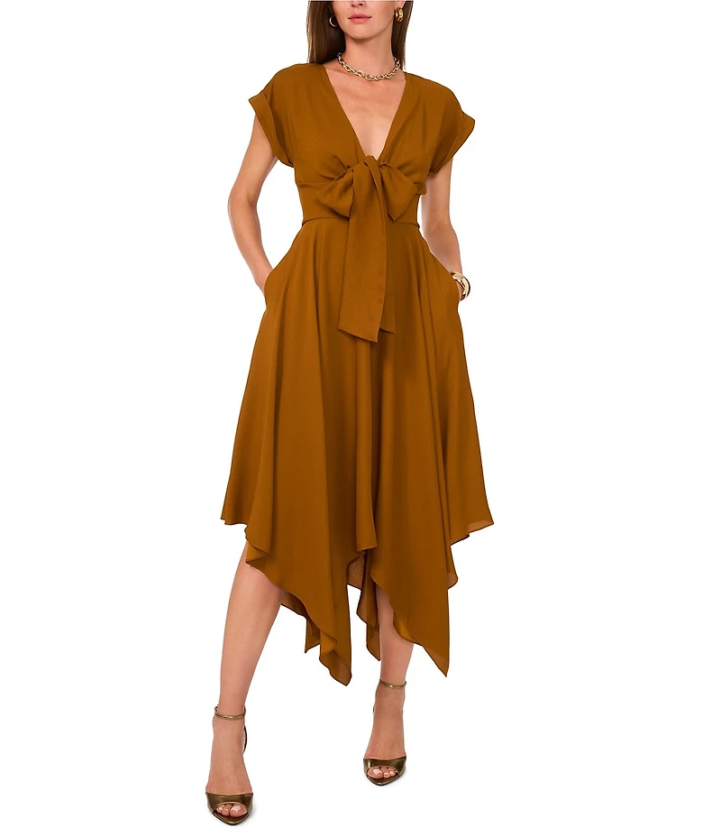 1. STATE Short Sleeve Asymmetrical Hem Tie Front Midi Dress