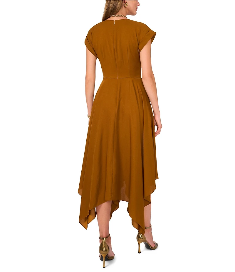 1. STATE Short Sleeve Asymmetrical Hem Tie Front Midi Dress