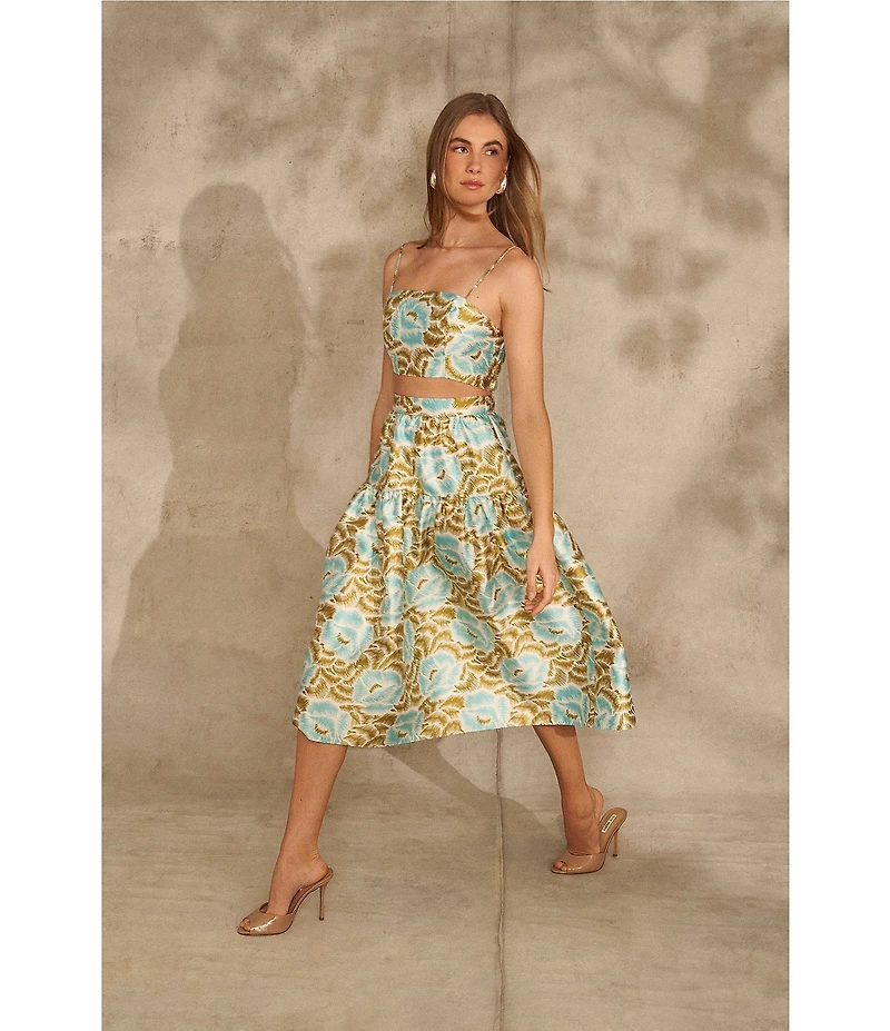 1. STATE Sketched Floral Print Round Twill Square Neck Sleeveless Spaghetti Strap Coordinating Cropped Top