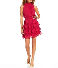 1. STATE Smocked Mock Neck Sleeveless Ruffle Tiered Mini Dress