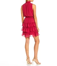 1. STATE Smocked Mock Neck Sleeveless Ruffle Tiered Mini Dress