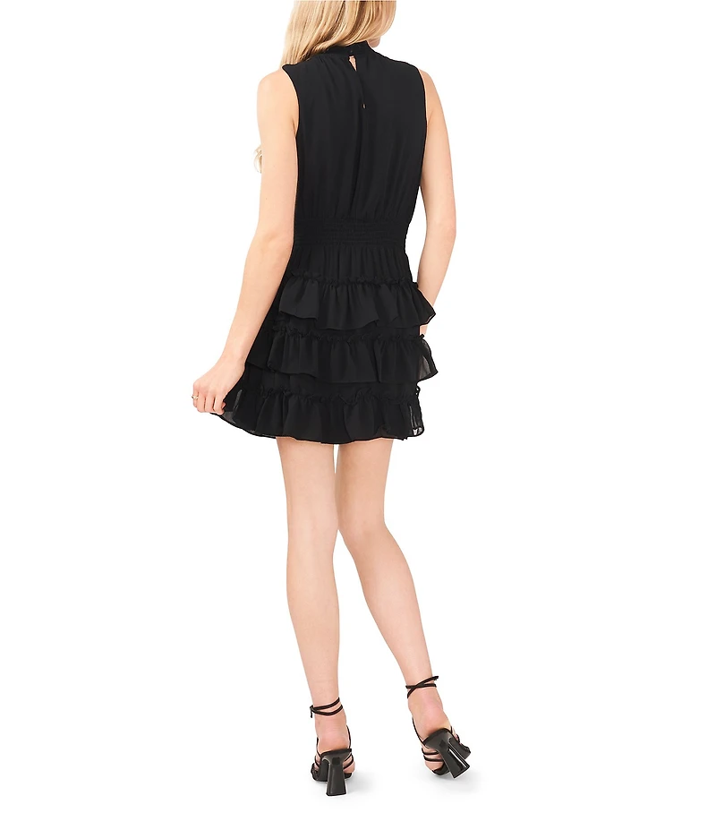 1. STATE Smocked Mock Neck Sleeveless Ruffle Tiered Mini Dress