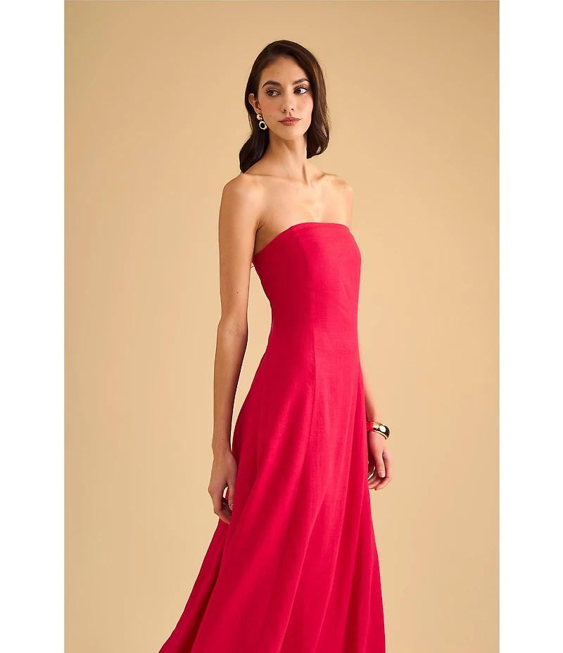 1. STATE Strapless Linen Blend Smocked Back Pocketed A-Line Maxi Dress