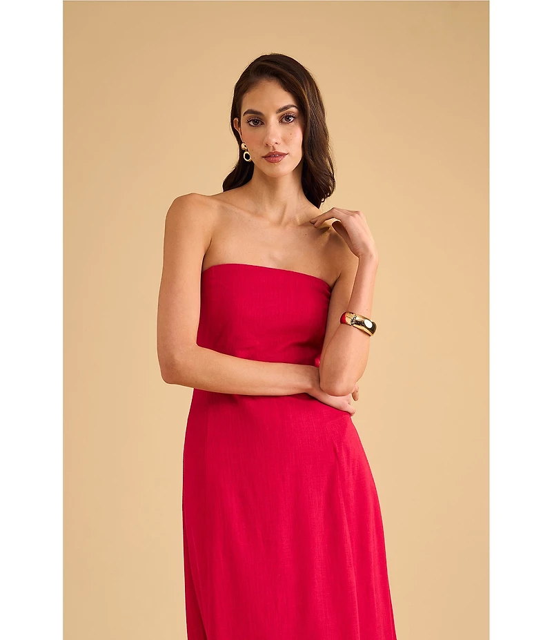 1. STATE Strapless Linen Blend Smocked Back Pocketed A-Line Maxi Dress