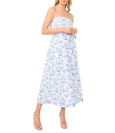 1. STATE Toile Print Square Neck Strapless Maxi A-Line Dress