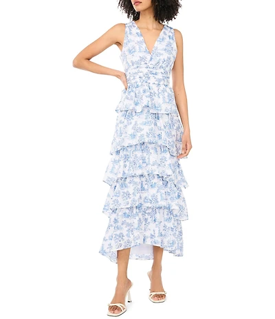 1. STATE Toile Print V-Neck Sleeveless Ruffle Midi A-Line Dress