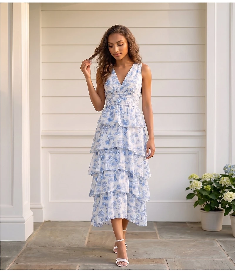 1. STATE Toile Print V-Neck Sleeveless Ruffle Midi A-Line Dress