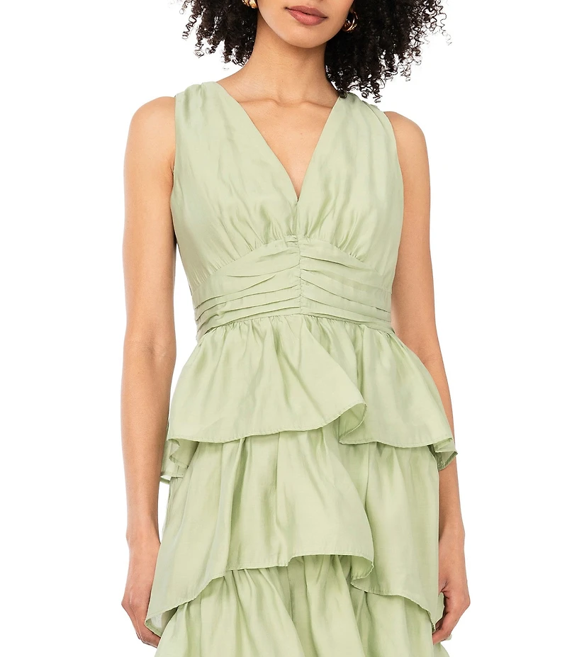 1. STATE V-Neck Sleeveless Cascading Ruffle Maxi A-Line Maxi Dress