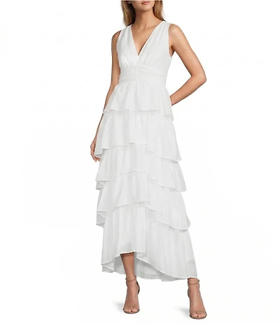 1. STATE V-Neck Sleeveless Cascading Ruffle Maxi A-Line Maxi Dress