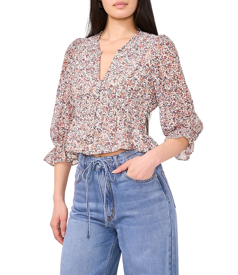 1. STATE V-Neck Smocked Waist 3/4 Sleeve Blouse