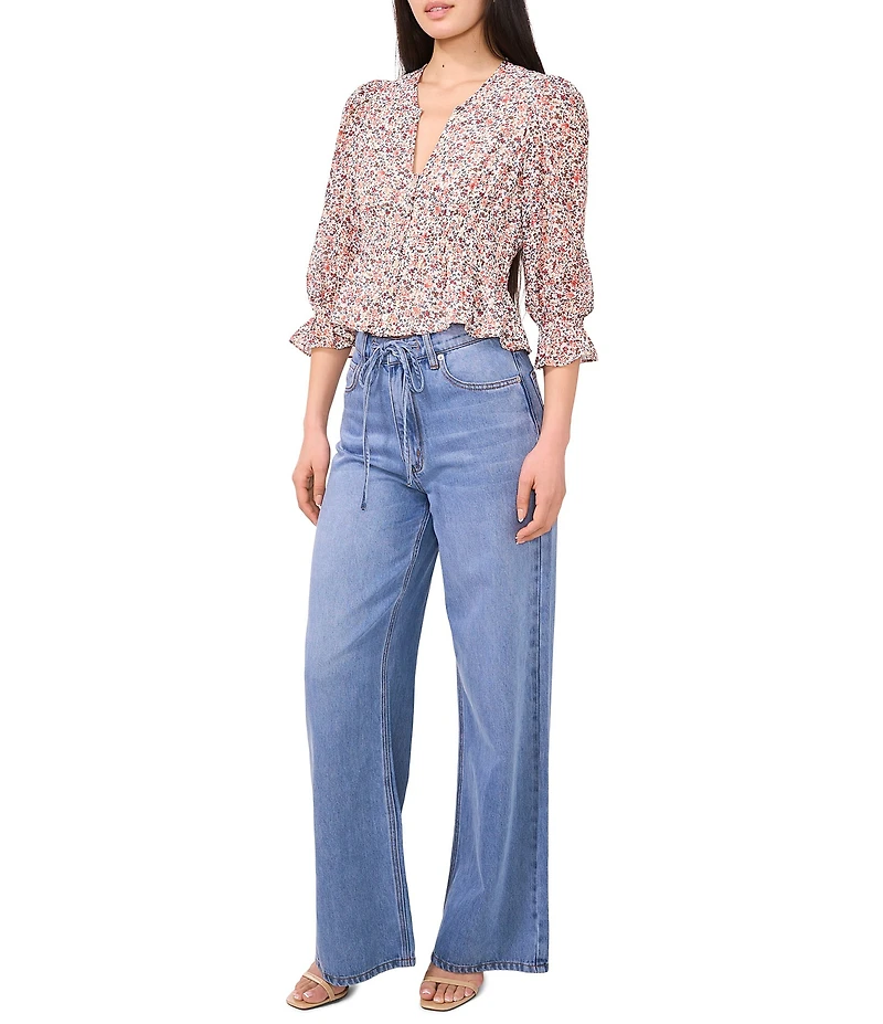 1. STATE V-Neck Smocked Waist 3/4 Sleeve Blouse
