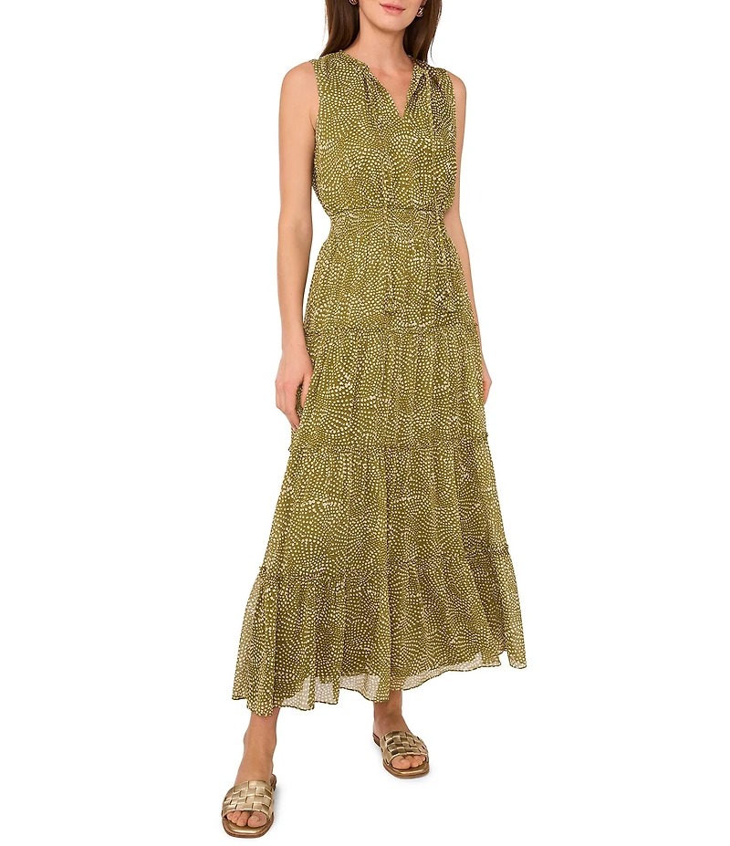 1. STATE Woven Abstract Dot Print V-Neck Sleeveless Tiered Empire Waist A-Line Maxi Dress