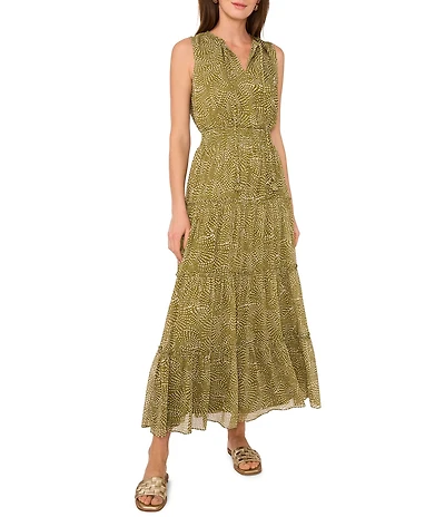 1. STATE Woven Abstract Dot Print V-Neck Sleeveless Tiered Empire Waist A-Line Maxi Dress