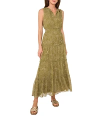 1. STATE Woven Abstract Dot Print V-Neck Sleeveless Tiered Empire Waist A-Line Maxi Dress