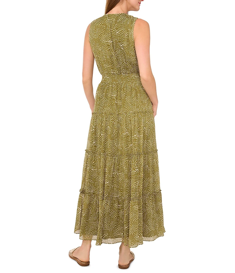 1. STATE Woven Abstract Dot Print V-Neck Sleeveless Tiered Empire Waist A-Line Maxi Dress
