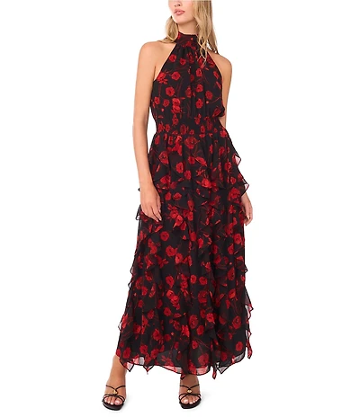 1. STATE Woven Floral Print Halter Neck Sleeveless Maxi Dress