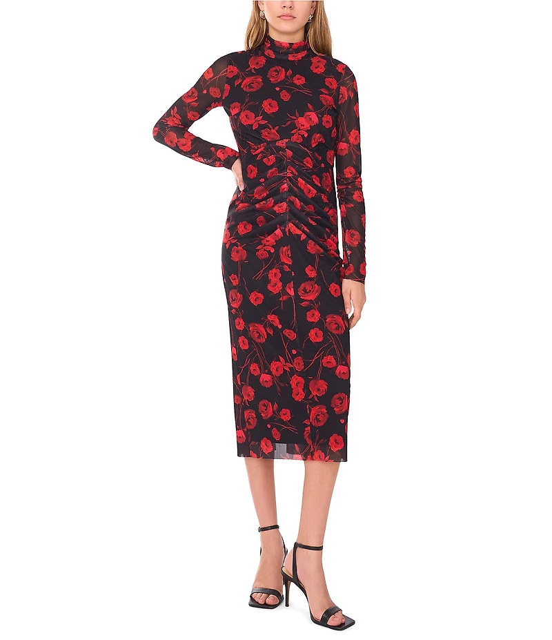 1. STATE Woven Floral Print Mock Neck Long Sleeve Midi Dress