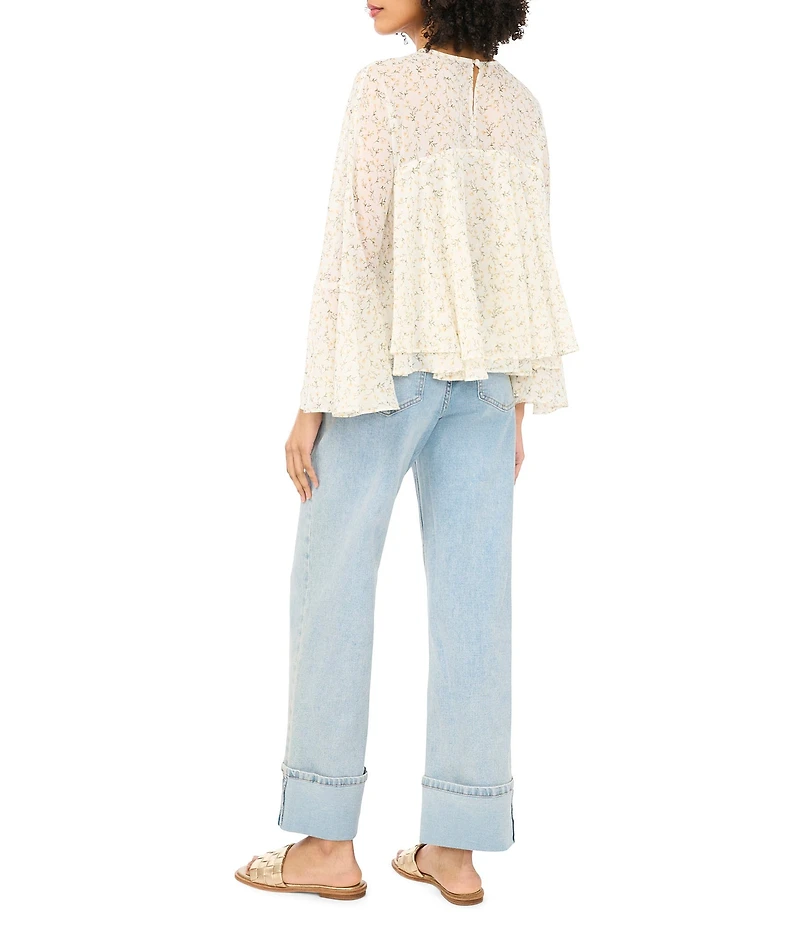 1. STATE Woven Floral Print Round Neck Long Sleeve Ruffle Blouse