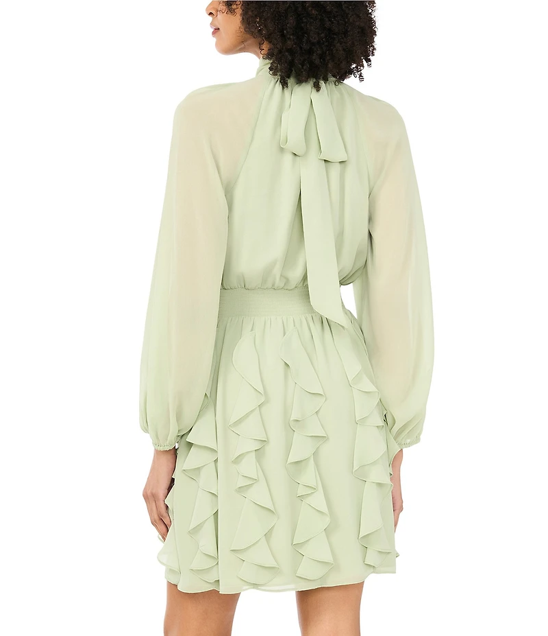 1. STATE Woven Mock Neck Long Sleeve Ruffle Mini A-Line Mini Dress