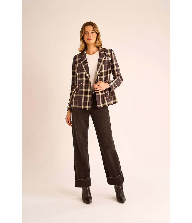 1. STATE Woven Plaid Print Peak Lapel Long Sleeve Blazer