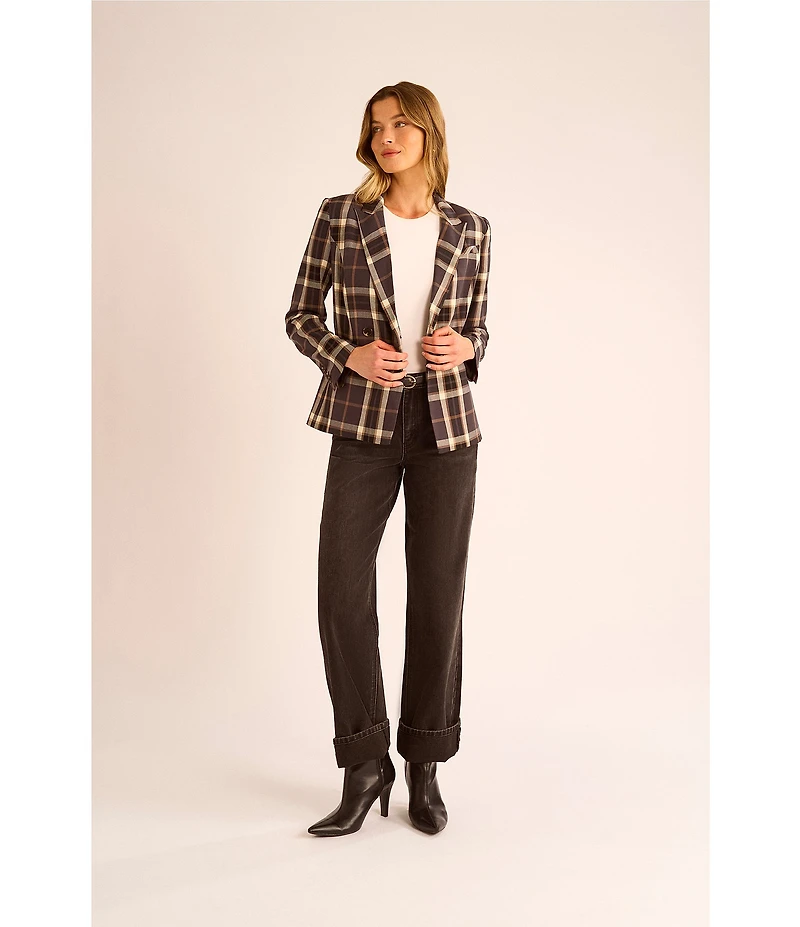 1. STATE Woven Plaid Print Peak Lapel Long Sleeve Blazer