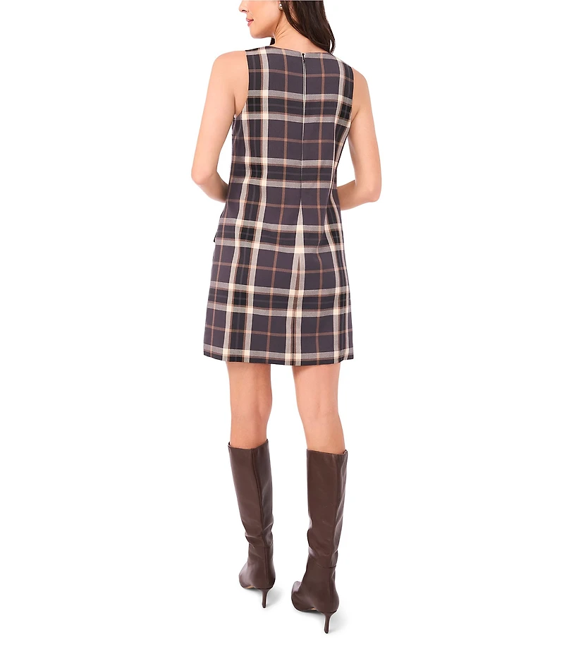 1. STATE Woven Plaid Print Round Neck Sleeveless Mini Dress
