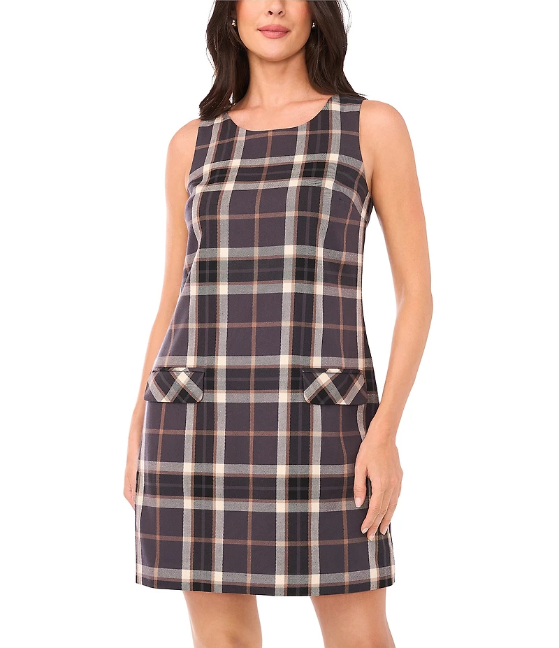 1. STATE Woven Plaid Print Round Neck Sleeveless Mini Dress