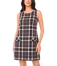 1. STATE Woven Plaid Print Round Neck Sleeveless Mini Dress