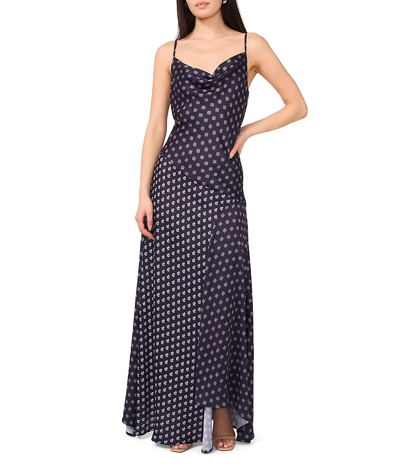 1. STATE Woven Printed Cowl Neck Sleeveless Asymmetric Hem Slip Maxi Dress