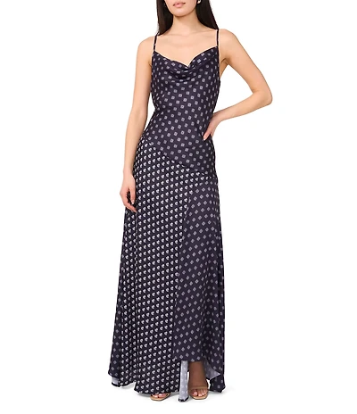 1. STATE Woven Printed Cowl Neck Sleeveless Asymmetric Hem Slip Maxi Dress