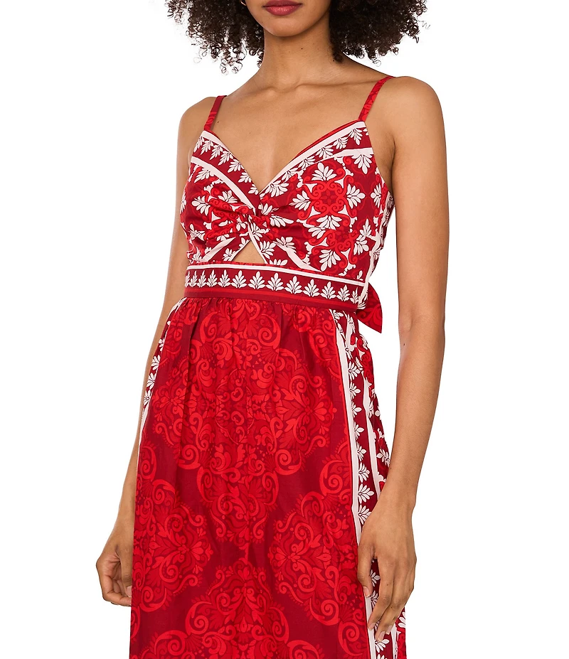 1. STATE Woven Printed V-Neck Sleeveless Tie Back Maxi Dress