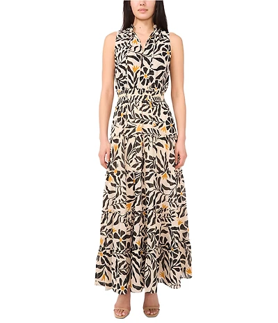 1. STATE Woven Split Round Neck Sleeveless Smocked Waist Tiered Maxi Dress