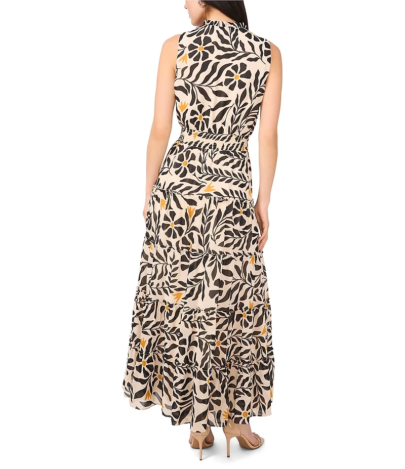 1. STATE Woven Split Round Neck Sleeveless Smocked Waist Tiered Maxi Dress