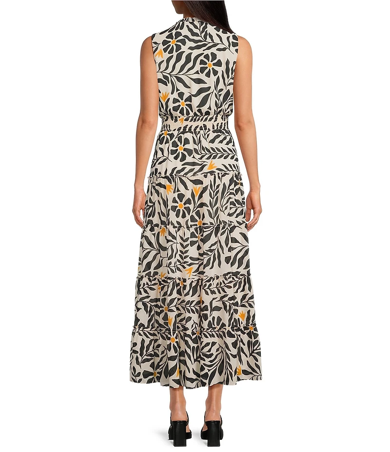 1. STATE Woven Split Round Neck Sleeveless Smocked Waist Tiered Maxi Dress
