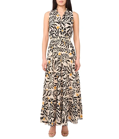 1. STATE Woven Split Round Neck Sleeveless Smocked Waist Tiered Maxi Dress