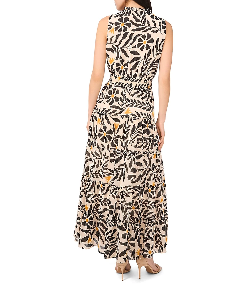 1. STATE Woven Split Round Neck Sleeveless Smocked Waist Tiered Maxi Dress