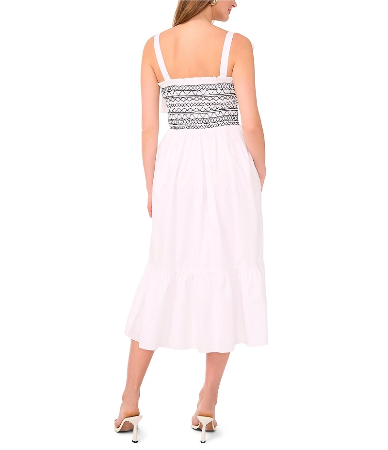 1. STATE Woven Square Neck Tie Shoulder Contrast Smocked Midi Dress