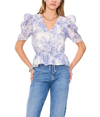 1. STATE Woven Toile Print V-Neck Short Sleeve Cinch Waist Peplum Blouse